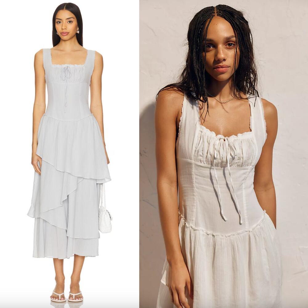 Free People light blue Tiered Lace-Up Midi Dress